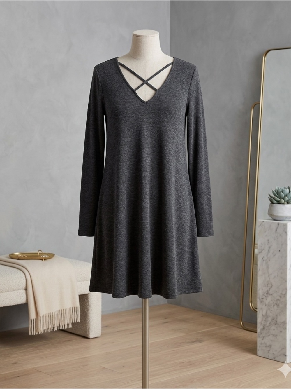 ALYA Francesca Elegant Black Long Sleeve crisscross dk gray Dress fit & flare Sm